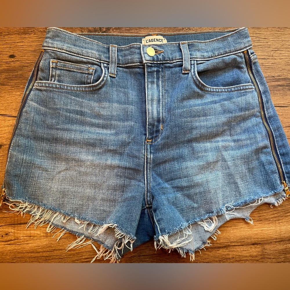 L’AGENCE high rise frayed denim gold zipper shorts, size 27
